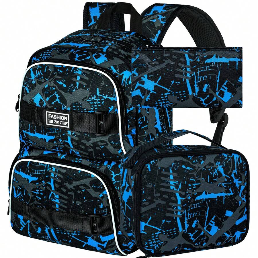 17 Inches Backpack For Boys Men, 3Pcs College Laptop Backpacks With Lunch Bag, Water Resistant Graffiti School Bookbag Set For Teens Students(Blue) - 藍色 - 查看 1
