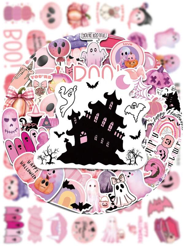 50PCS Cute Pink Halloween Stickers Cartoon Waterproof PVC Pink Skull Pumpkin Ghost Castle Cute Art Decoration Luggage Laptop Phone Case Water Cup DIY Sticker
