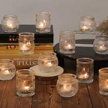 12pcs Vintage Nordic Style Sunflower Glass Candle Holders, Romantic Atmosphere Tabletop Decor Candle Cups, Suitable For Wedding, Dining Table Decoration