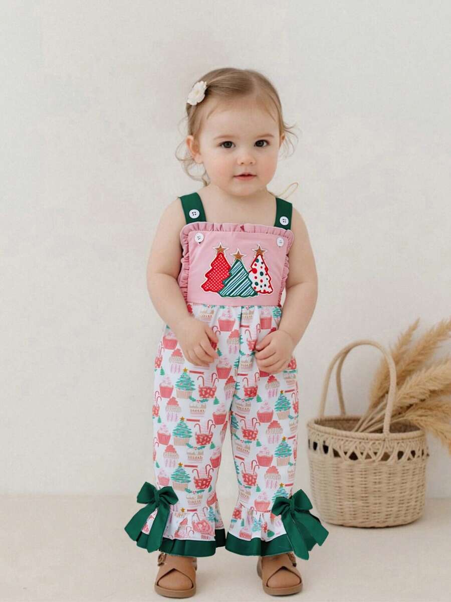 Baby Girls Christmas Overalls Tree Embroidery Print Sleeveless Jumpsuit Suspender Pants For Kids Toddler