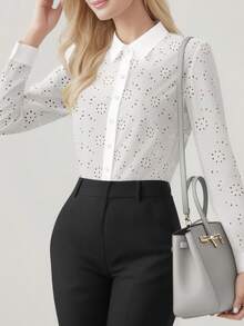 HOMEYEE Women's Fashion Solid Color Hollow White Button Business Formal Long Sleeve Elegant Blouse - White - View 2