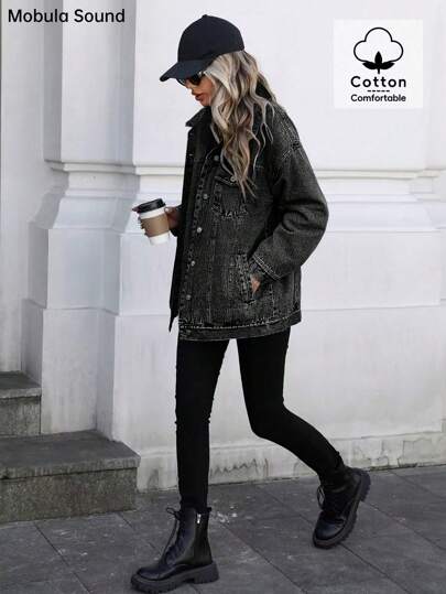 中东百搭休闲运动时尚女装春秋冬羊毛防风夹克，蓝色 Y2K 学院风年轻女士牛仔夹克