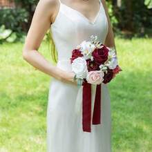 Dusty Blue Wedding Bouquets For Bride Bridesmaid, White Wedding Artificial Roses Flowers For Wedding Bouquets Ceremony, Anniversary - Burgundy & Blush - View 4