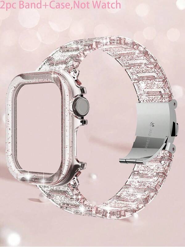 1 pieza/Set, Compatible con la correa y la carcasa del , Correa de resina transparente con brillo + Carcasa transparente con brillo de PC, Carcasa dura semiencerrada a prueba de golpes, Correa transparente tipo glaciar camaleónico, Correa de reloj para dama, Tallas disponibles: 38mm, 40mm, 41mm, 42mm, 44mm, 45mm, Extra Grande 49mm, Brazalete de colores transparentes