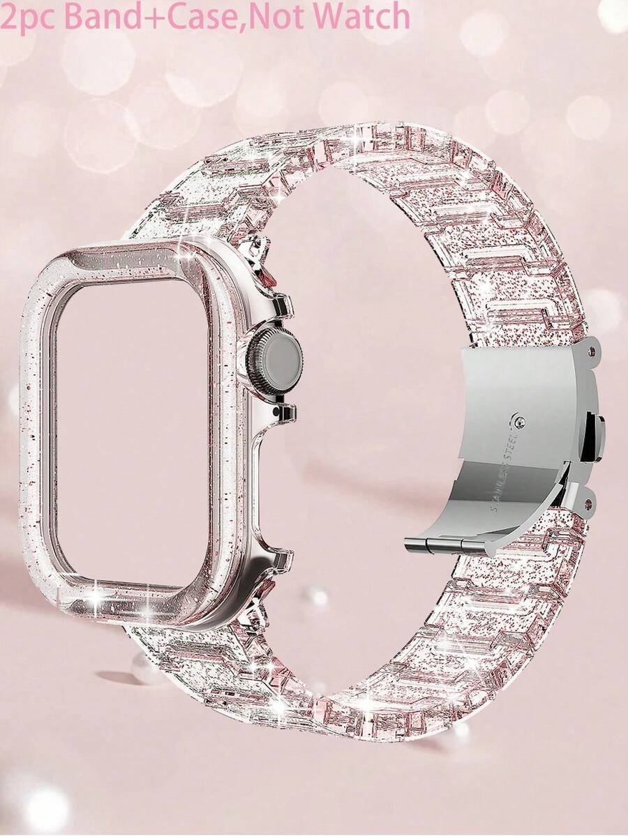 1件/套，兼容苹果手表表带和表壳，透明闪光树脂表带+PC闪光透明表壳，半封闭式防震硬壳，变色龙冰川透明表带，女士手表表带，尺寸可选：38毫米、40毫米、41毫米、42毫米、44毫米、45毫米、特大号49毫米，透明彩色腕带