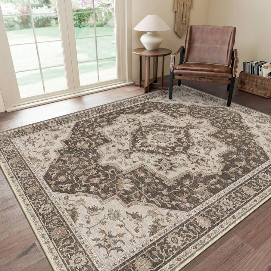 1 Pieza Alfombras para sala de estar, alfombras vintage lavables a máquina y antideslizantes, alfombra impresa de pelo bajo y ligera para dormitorio, comedor, oficina en casa, color marrón claro, alfombra de pelo bajo - Ébano Taupe - Ver 1
