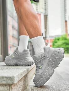Men's Personalized Grey Patchwork Fashion Versatile Double Shoelace Niche Casual Sports Shoes, Street Style Comfortable Front Lace-Up Couple Running Shoes With Octopus Foot Design - Grey - View 7