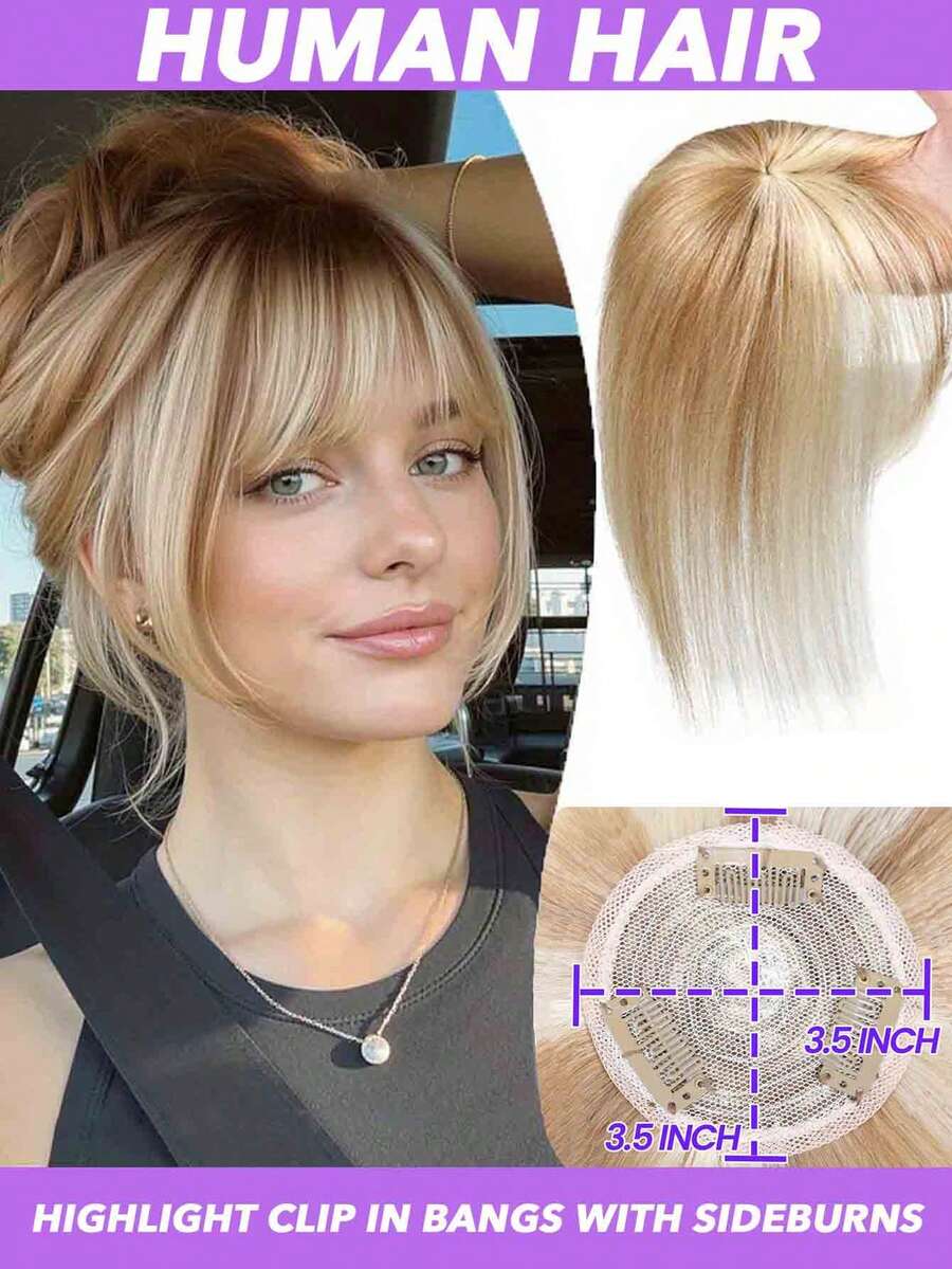 挑染顶发，带刘海，金棕色混合漂白金发，女士真人发质，升级发基夹，顶发接发，8 10 英寸 #12P613 - S12/613 - 查看 1