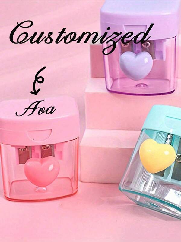1pc Custom Macaron Color Pencil Sharpener, Custom Transparent Double Hole Pencil Sharpener, Custom Love Pencil Sharpener With Lid, Back To School Pencil Sharpener, Back To School Season, Customizable Name, Suitable For School, Back To School Season Essentials