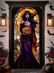 1 pezzo Decorazione per porta di Ognissanti a forma di strega - Elegante sagoma di strega in stile vetro colorato, realizzata in poliestere adatta per interno/esterno, adatta per feste di Ognissanti e decorazioni inquietanti per la casa