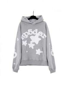 Spider Web Foam Print Hip-Hop Loose Terry Hooded Sweatshirt - nhện xám - Xem 1