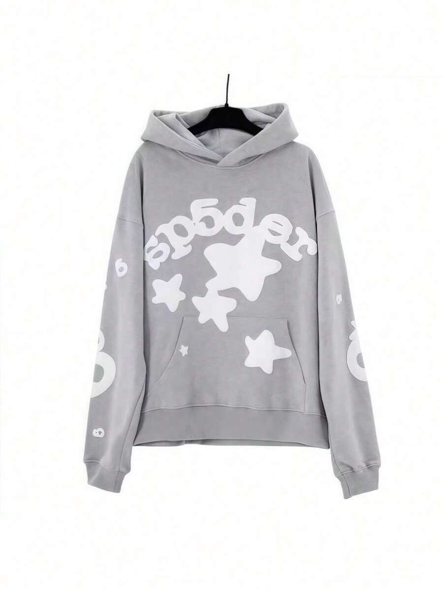 Spider Web Foam Print Hip-Hop Loose Terry Hooded Sweatshirt - nhện xám - Xem 1
