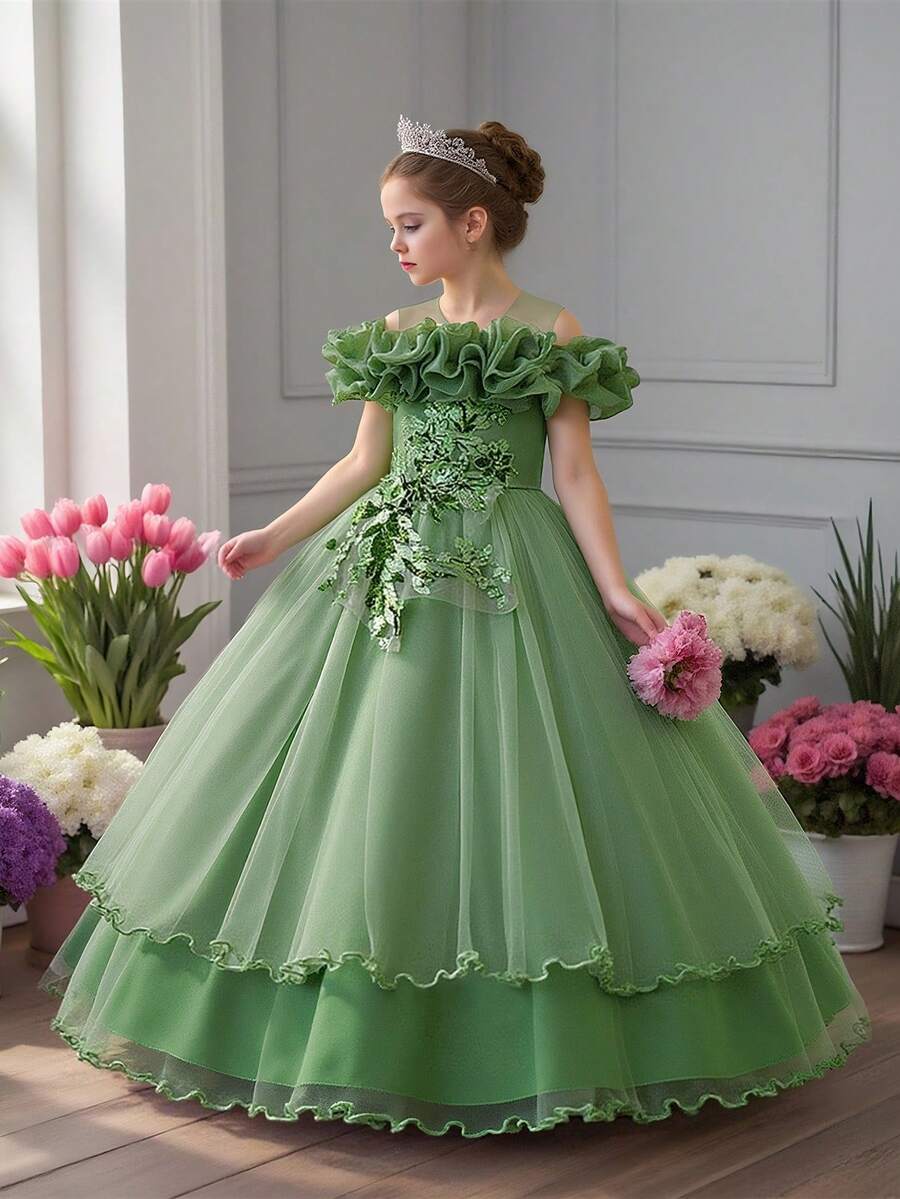 Tween Girls Sequin & Faux Pearl Applique Tulle Puff Party Princess Dress, Suitable For Birthday Celebration, Prom, Faux Pearl Decor, No Headband Included - màu xanh lá - Xem 1