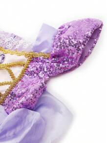 少女优雅紫色网纱亮片短袖连衣裙