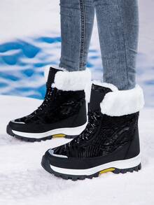女款冬季戶外雪地靴，加厚中筒保暖雪靴，中筒冬季靴 - 黑色 - 查看 4