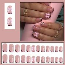 Short Press Pard French Tip False Nails With Pink Ossy Bow Design Ue On Nails Full Cover Stick On Nails 24Pcs-0345 - NudePink-1液體盎司(1包) - 查看 2