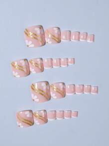 24Pcs Square Toenails Flower Gold Powder White French Tip Press On Nail Short Almonds Perfect Fit Acrylic False Nails Set, Include: 1Jelly Glue And 1 Nail File, Suitable For Women And Girls Daily Life And Party Use Nail Supplies Nails - View 4