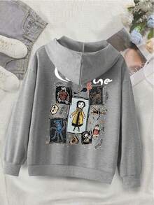 少女休闲卡通印花卫衣，秋冬季 - 灰色 - 查看 2