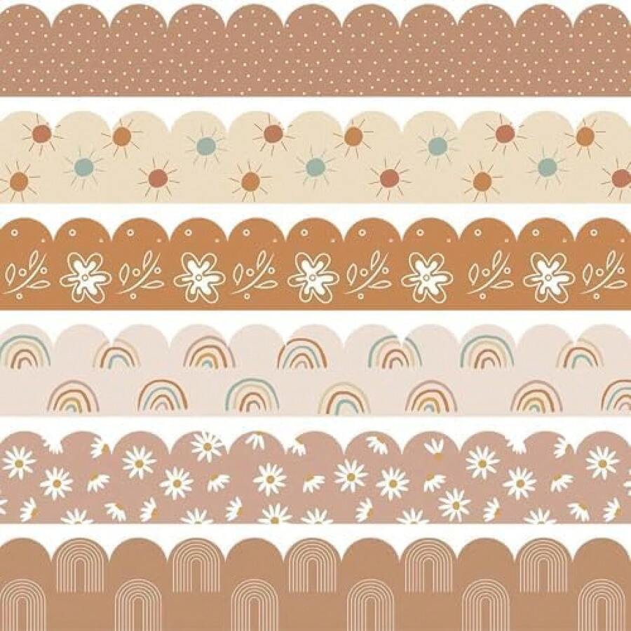 84Ft Boho Bulletin Board Borders, Boho Classroom Decorations, Retro Floral Daisy Sun Rainbow Dot Trim Borders For Teacher School Supplies Classroom Door Wall Decor, 6 Styles, Brown