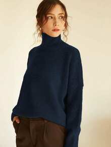 Knit Mix Áo len nữ cổ cao dáng rộng, thích hợp cho mùa thu/đông, áo chui đầu tay dài dày dặn, thiết kế họa tiết đồng xu cổ điển, thời trang đa năng cho Giáng sinh, Năm mới, Ngày lễ tình nhân, mùa tựu trường. - Hải quân - Xem 5