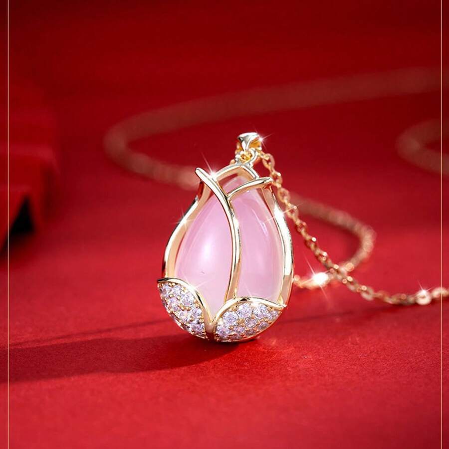 Tulip Dream Crystal Necklace For Women Casual Fashion Collarbone Chain New Noble Elegant Unique Inlaid Diamond Choker - 粉色 - 查看 1