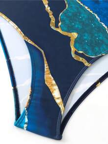 Women's One-Piece Swimsuit With Cover-Up Set Beach Wrap Dress Multi-Color Gradient Print Women's Swimsuit (Tummy Tuck) - 寶藍色 - 查看 2