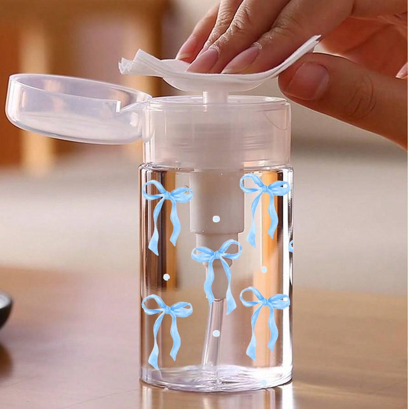 Blue Bow Design Refillable Transparent PET Travel Bottle, Makeup Remover Dispenser Bottle With 3.38oz/6.76oz Portable Pump, Suitable For Nail Polish Remover, Toner And Makeup Remover, Rounded Top, Hand Wash Only, Reusable, Makeup Remover Bottle, Travel Essential