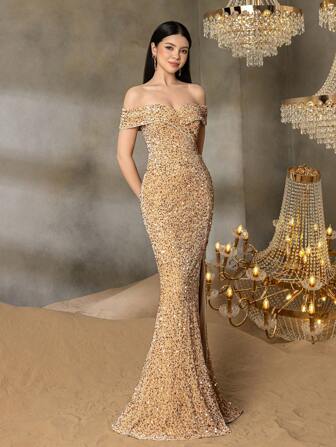 Alisa&Leo Stunning Adolescent Sequined Evening Gown With Off-Shoulder Neckline, High-Leg Slit & Mermaid Train - Elegant Formalwear For Red Carpet Affairs, Charity Balls, Gala Dinners, Prom Nights, And Opera Galas