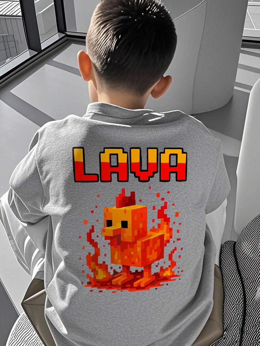 男孩和青少年学生休闲印花圆领短袖T恤，夏季上衣