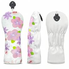 紫桃花白色背景高尔夫球杆套，杆头保护套，适用于一号木杆、球道木杆、混合杆、推杆等，完美刺绣。 - 紫色 - 查看 4