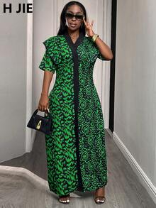 1 女款秋季绿色全长不对称印花中长连衣裙，优雅休闲，适合外出度假或聚会