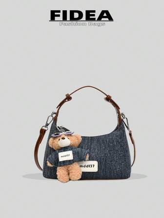 New Fashion Women's Handbag, Solid Color Minimalist Denim Bag With High-End Crescent Design, Cute Bear Pendant, Suitable For Dates, Shopping, Versatile And Exquisite