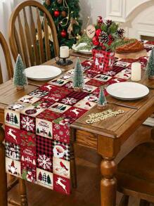 1pc Festive Christmas Table Runner, Multi-Grid Christmas Elements Table Flag, Santa Snowman Elk Xmas Tree Pattern, Polyester Fabric, Seasonal Winter Xmas Kitchen Dining Table Decoration For Home Party Decor, Christmas Decorations 2025