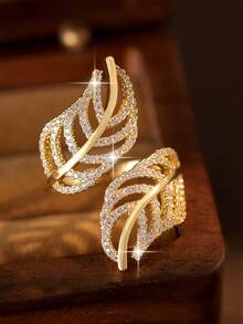 1 chiếc nhẫn đính hôn hình lá nhiều lớp mộng mơ đính đá Zirconia, mạ vàng, phù hợp cho nữ đeo hàng ngày, có thể mở ra, quà tặng trang sức. - Vàng - Xem 3