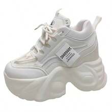 [Moxia] Platform Sneakers, Dad Sneakers, Women's Platform Shoes, Sneakers With In-Heels, Lace-Up, Stylish, Popular, Beautiful Legs, Easy To Walk In, 6.5cm Height Increase - 白色 - 查看 8