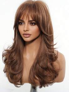 22英寸中长款棕色卷发假发，天然耐热合成假发，适合女性日常佩戴、参加派对和通勤。 - 棕色 - 查看 5