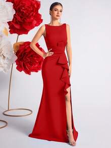 ADYCE Women High Waist Pleated Ruffle Trim Open Back Party Ball Gown Formal Dress,For Prom, Party,Cocktail Party,Date Night,Wedding Guest,Christmas Party Dress