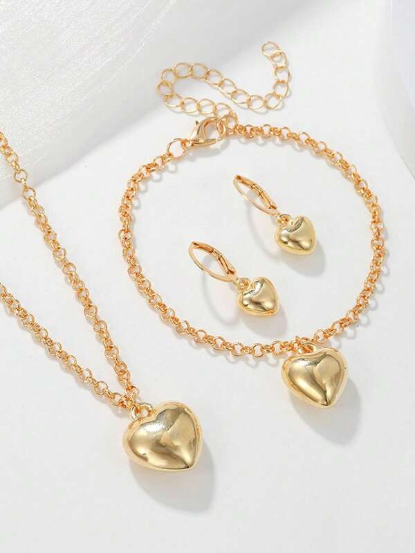 4pcs Heart Pendant Necklace, Earrings, Bracelet Set, Suitable For Teenage Girls, Daily Wear, Festivals, Graduation Gifts