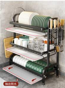 高品质三层碳钢碗碟晾干架，大容量厨房用具收纳架，干湿分离，防锈碗碟架，带餐具架、砧板架、碗架、杯架和排水管