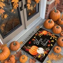 1 قطعة سجادة باب للعطلات مطبوعة بالقرع والأوراق المتساقطة في فصل الخريف، سجادة ناعمة مانعة للانزلاق وماصة للماء قابلة للغسل في الغسالة، سجادة مريحة وموسمية للمدخل، سجادة منخفضة الرقبة مناسبة للغرفة المعيشية والنوم والمطبخ وغرفة الغسيل والحمام