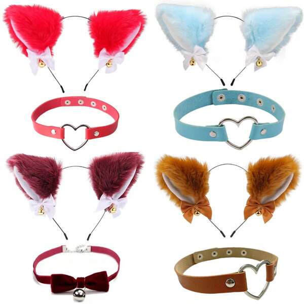 Halloween Cat Ear Bell Headband & Choker Set, Sexy Party Stage Performance Collar Headband Set, Soft Cute Cosplay Hair Clips, Makeup Ball Cat Ear Headband Set