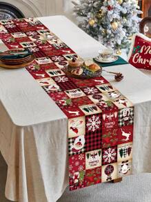 1pc Festive Christmas Table Runner, Multi-Grid Christmas Elements Table Flag, Santa Snowman Elk Xmas Tree Pattern, Polyester Fabric, Seasonal Winter Xmas Kitchen Dining Table Decoration For Home Party Decor, Christmas Decorations 2025