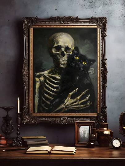 1 件复古骷髅抱着忧郁黑猫海报，万圣节乡村风帆布墙艺术，黑暗学院风趣味哥特式印刷画，复古戴太阳镜骷髅女孩海报，骷髅喝咖啡海报，万圣节秋季墙艺术