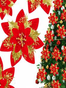10pcs Shiny Flower Petals Decor, Artificial Poinsettia Flower Wreath, Christmas Tree Decoration, Suitable For Christmas, New Year, Wedding, Party - Multicolor - View 15