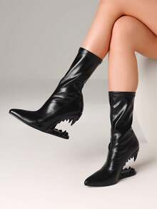 Women's Y2K Metallic Teeth Ankle Boots Fashion Pointed Toe Wedges Sculptural High Heels Slip On Party Sexy Boots Woman - 黑色 - 查看 4