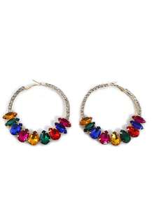 Luxury European & American Fashion Exaggerated Metal Inlay Colorful Crystal Round Large Hoop Earrings, Retro Elegant Goddess Style, 1 Pair