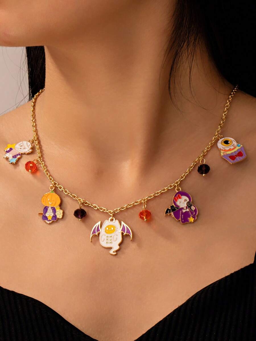 1 pieza Collar colgante de moda y creativo de estilo fronterizo de Halloween con diseños lindos de vendaje, calabaza, calavera, fantasma y helado