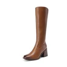 Women's Square Toe Knee High Boots Chunky Heel Side Zipper  Classic Solid Color Fashionable Y2K Party Tall Boots - 棕色 - 查看 10