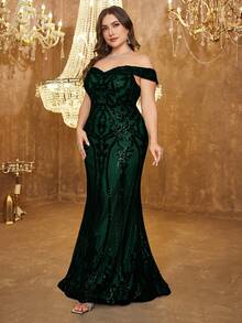 UNITHORSE Plus Size Women Off Shoulder Backless Dress, Glitter Sequins Decoration, Elegant Evening Party Dress, Bride Dress, Birthday Outfits, Graduation Dress, Formal Dress, Fall Women Clothes - 墨綠色 - 查看 3