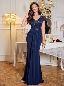 MIUSOL Sequin Floral Lace Sweetheart Neck Cap Sleeve Draped Mermaid Hem Formal Party Maxi Dress - 藏蓝色 - 查看 6